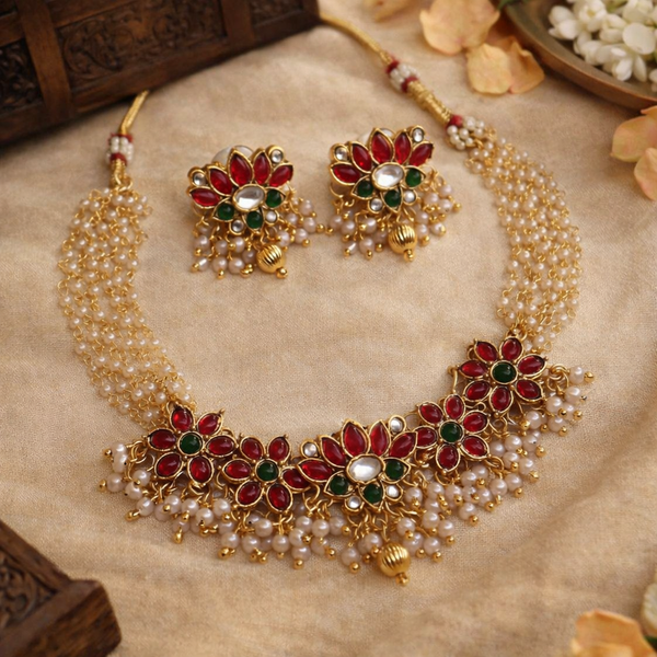 Floral Kundan & Pearl Choker Set